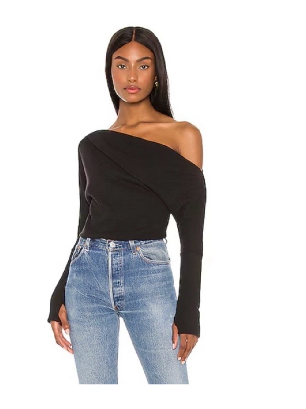 We The Free Fuji Thermal Black Asymmetric Off-Shoulder Long Sleeve Top
